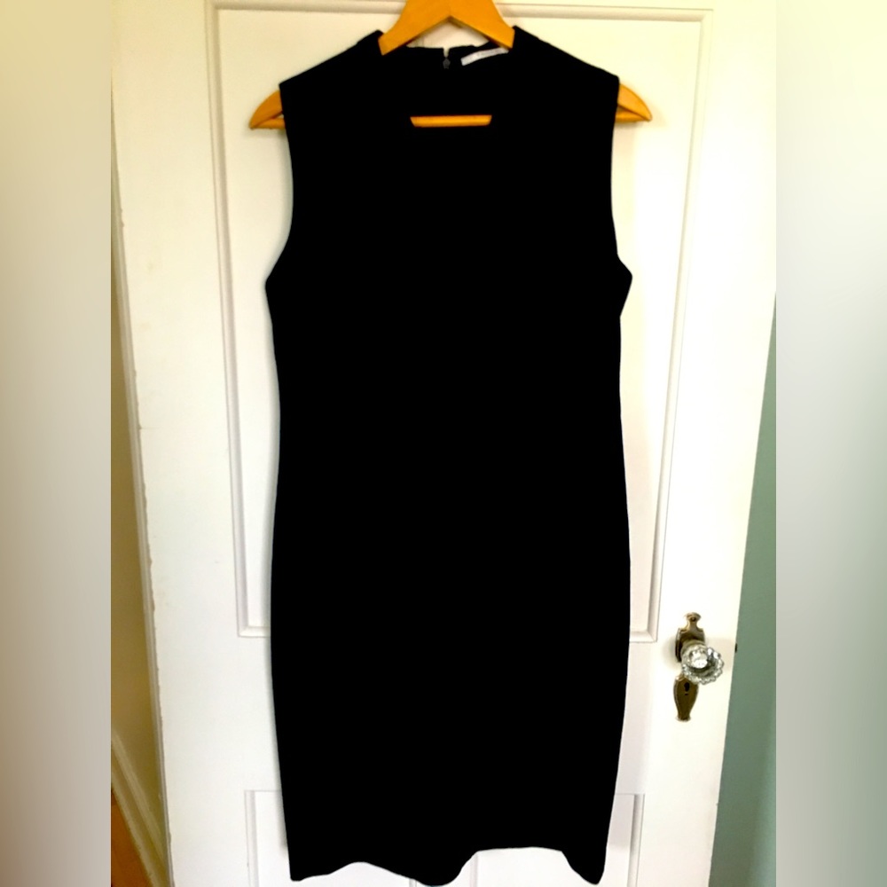 Navy blue sleeveless fitted sheath dress.